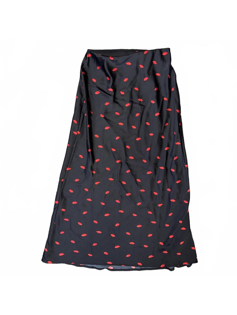 A New Day Satin Finish Midi Skirt Red Lips Print Black Size XS